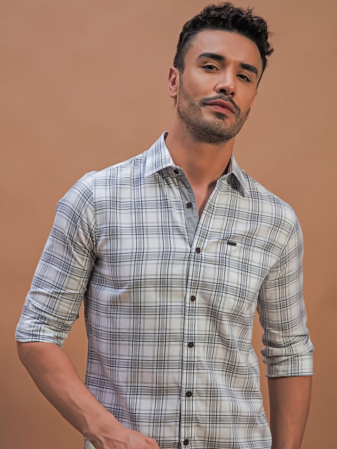 

THINC Men Spread Collar Tartan Checked Cotton Casual Shirt, Off white
