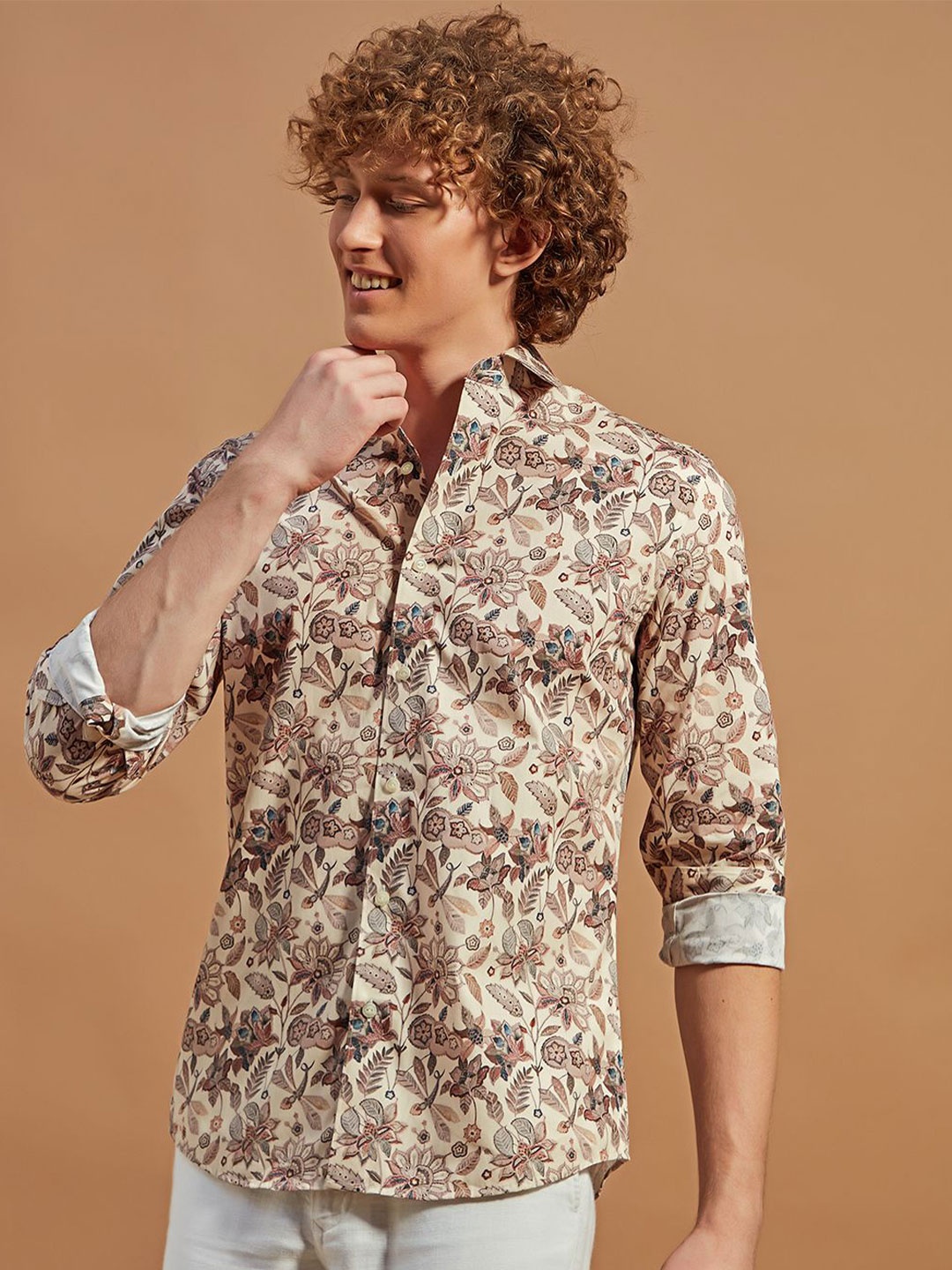 

THINC Men Spread Collar Tropical Printed Cotton Casual Shirt, Cream