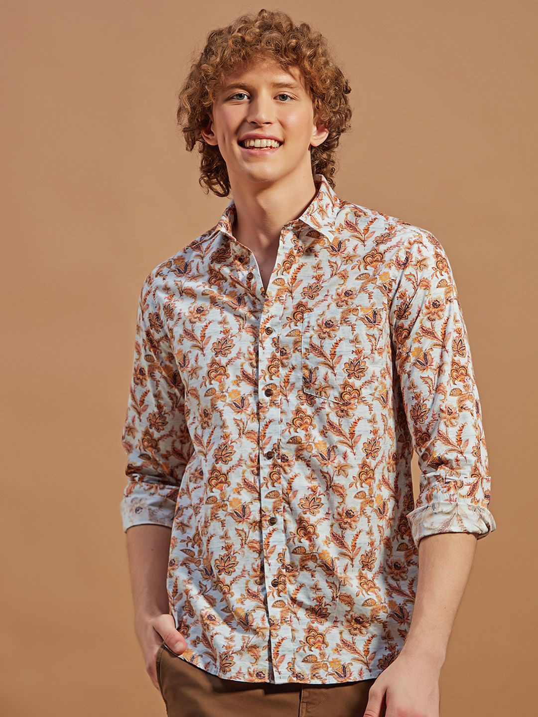 

THINC Men Spread Collar Floral Printed Casual Cotton Shirt, White