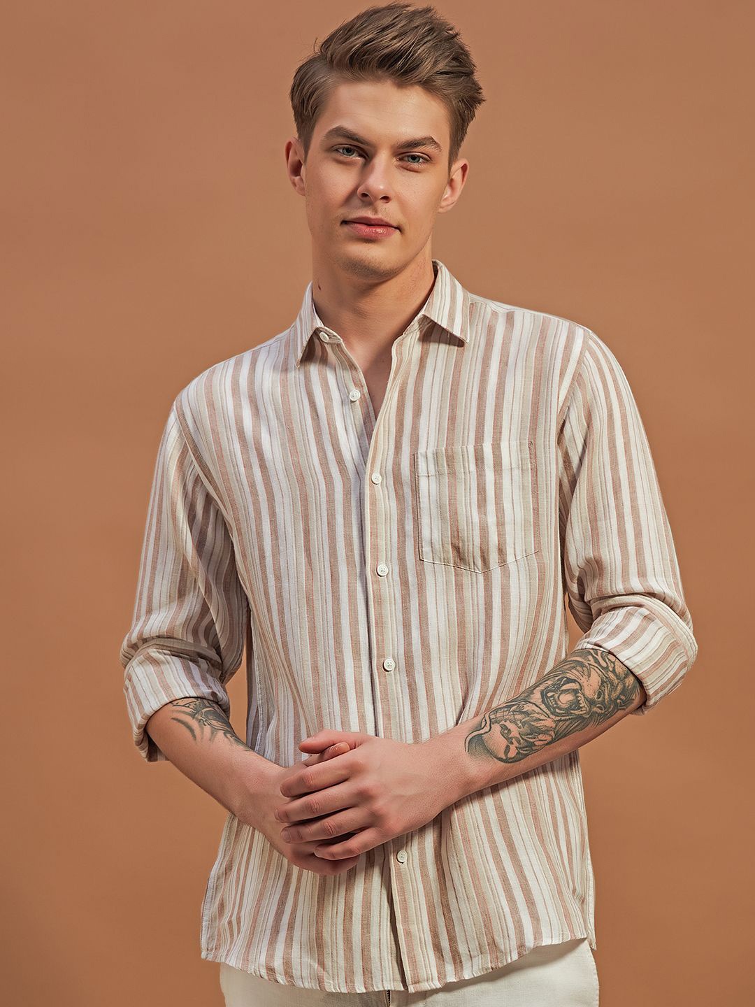 

THINC Men Elegant Linen Luxurywear Regular Fit Shirt, Beige