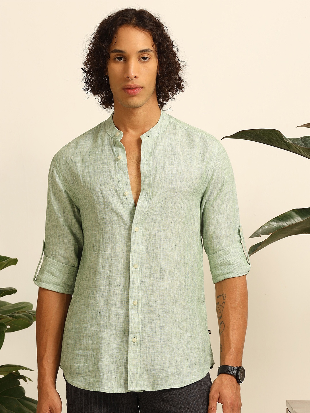 

THINC Men Crisp Superbly Stitched Linen Regular Fit Shirt, Green