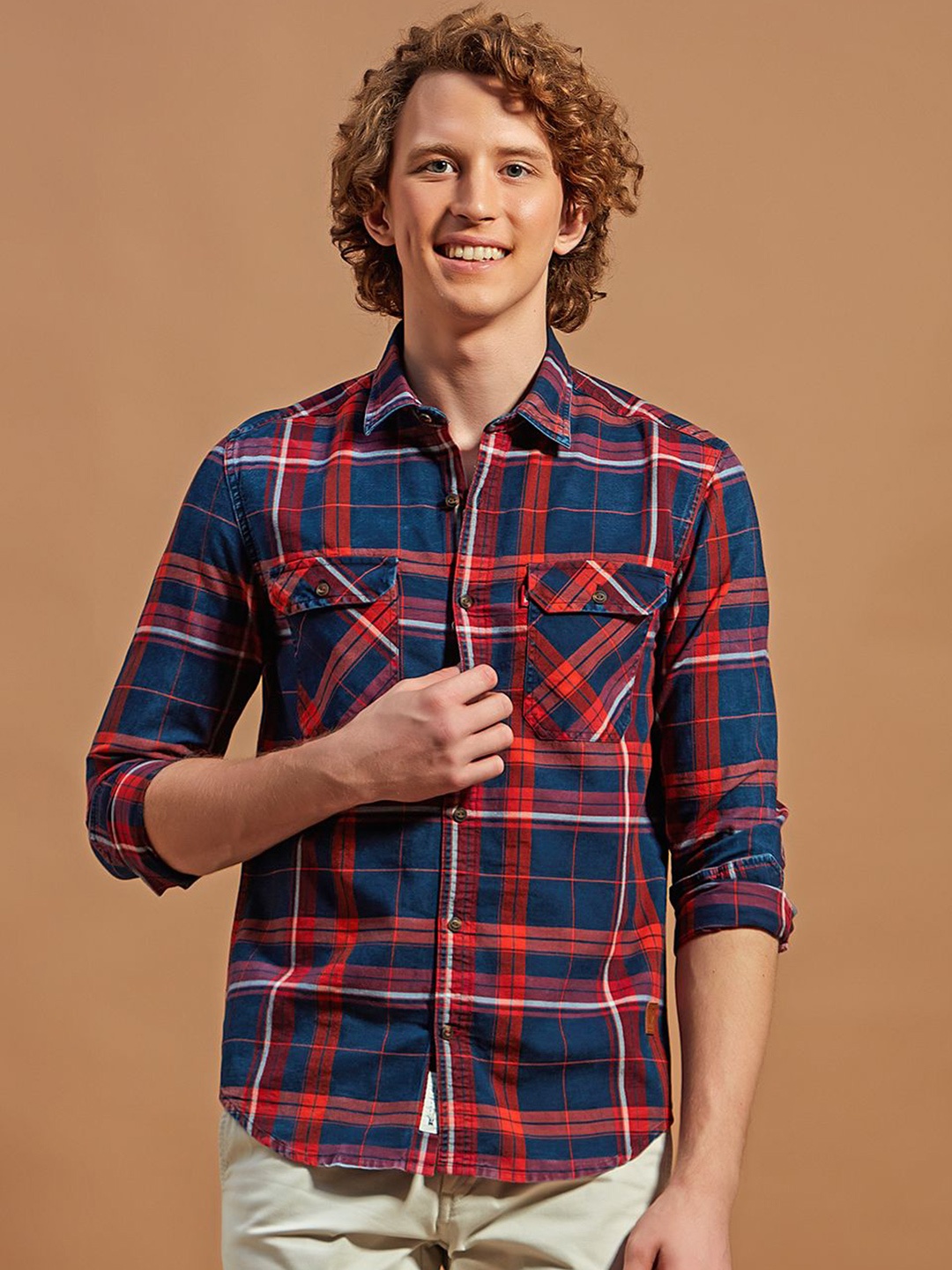 

THINC Men Spread Collar Tartan Checked Cotton Casual Shirt, Red
