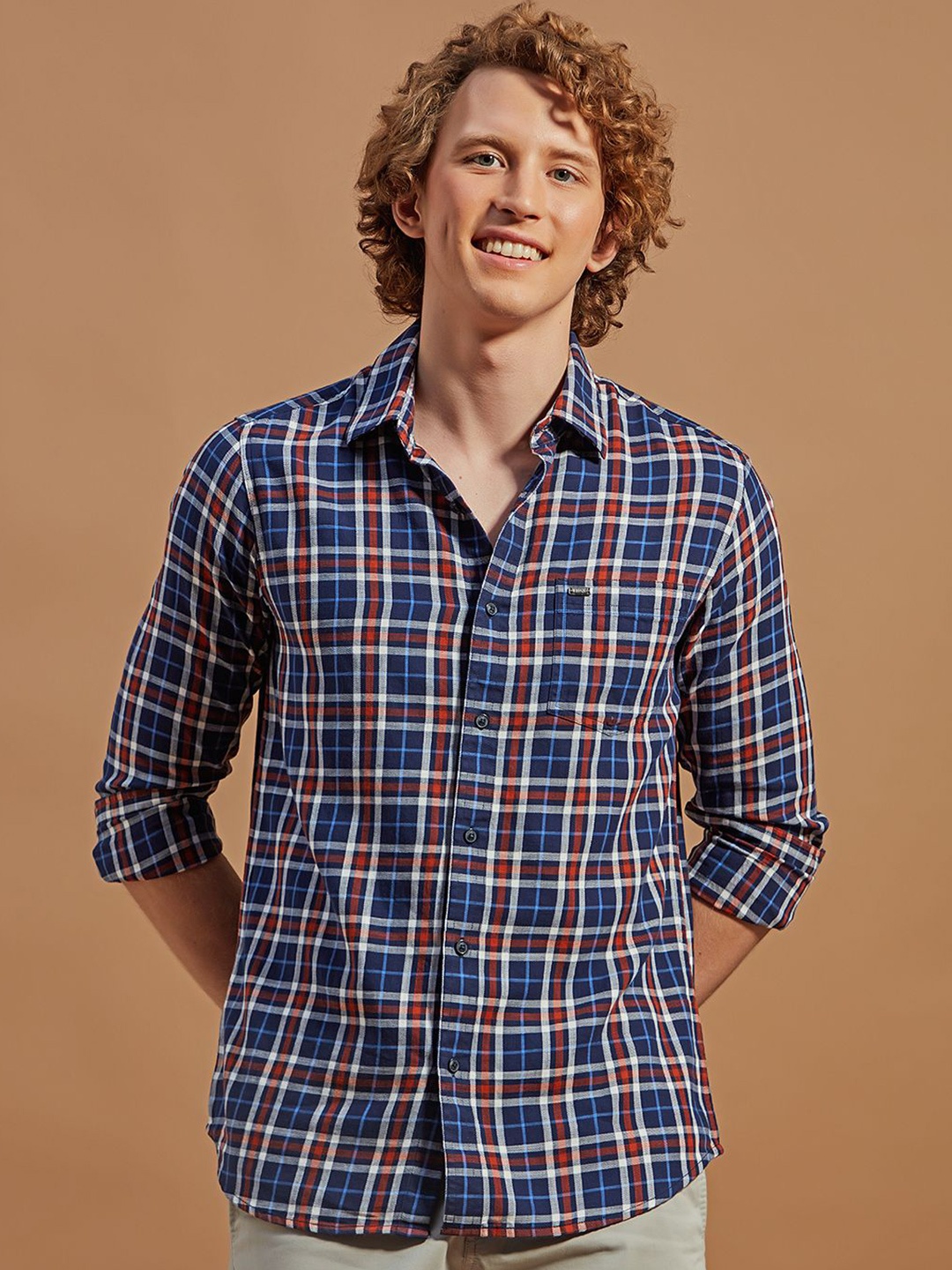 

THINC Men Spread Collar Tartan Checked Cotton Casual Shirt, Navy blue