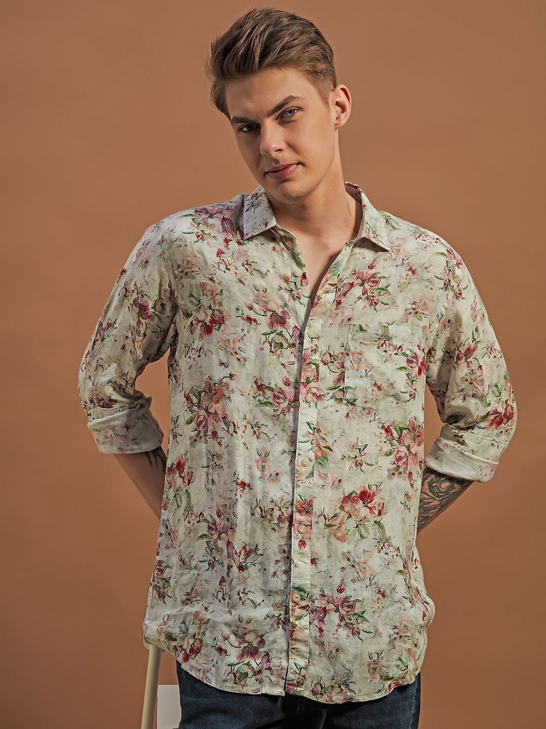 

THINC Men Columbine Linen Regular Fit Shirt, Cream