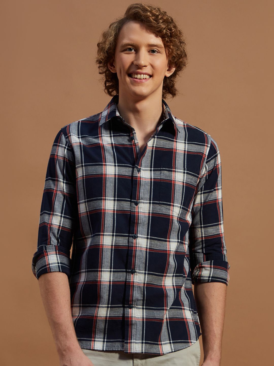 

THINC Men Spread Collar Tartan Checked Cotton Casual Shirt, Navy blue