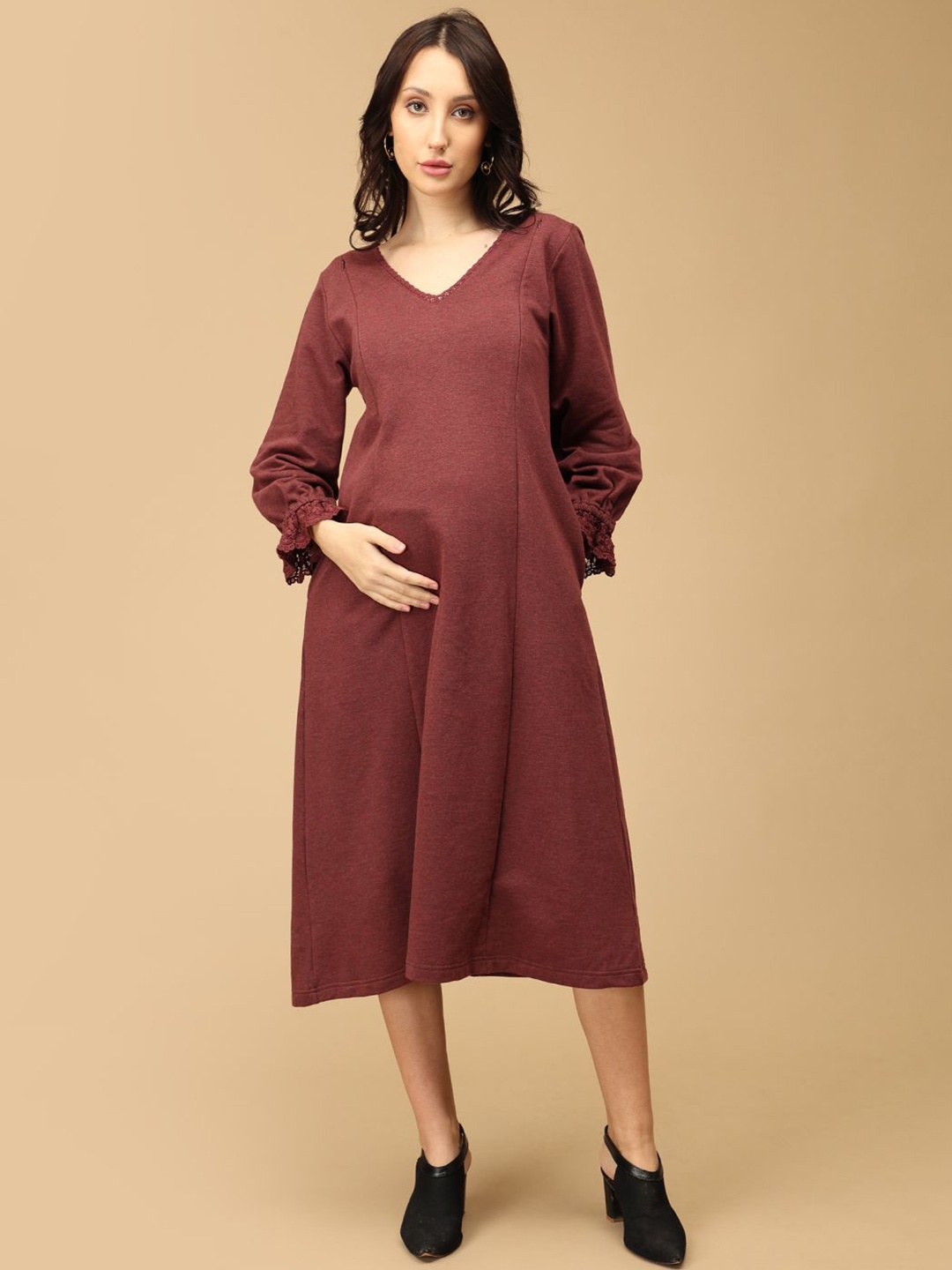 

The Mom Store Women Cotton Maternity Long Dress, Coffee brown