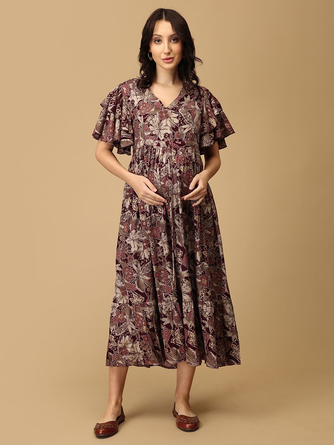 

The Mom Store Women Floral Printed Flared Sleeve Maternity Fit and Flare Dress, Maroon