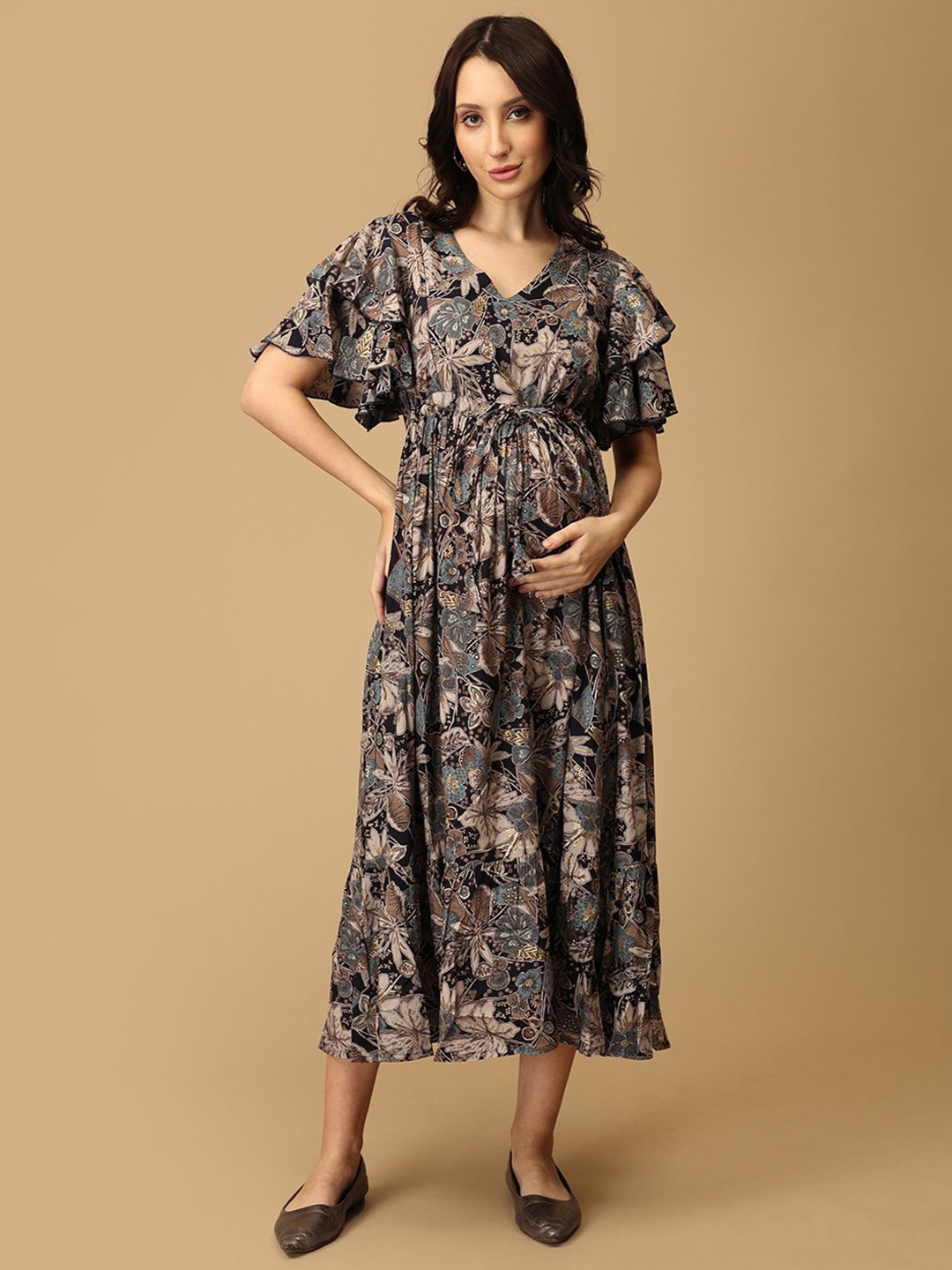 

The Mom Store Floral Printed Flared Sleeve Maternity Dress, Black