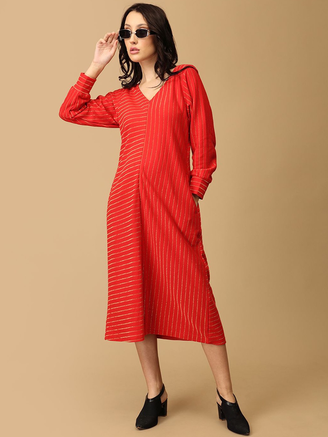 

The Mom Store WomenStriped Maternity Cotton A-Line Midi Dress, Red
