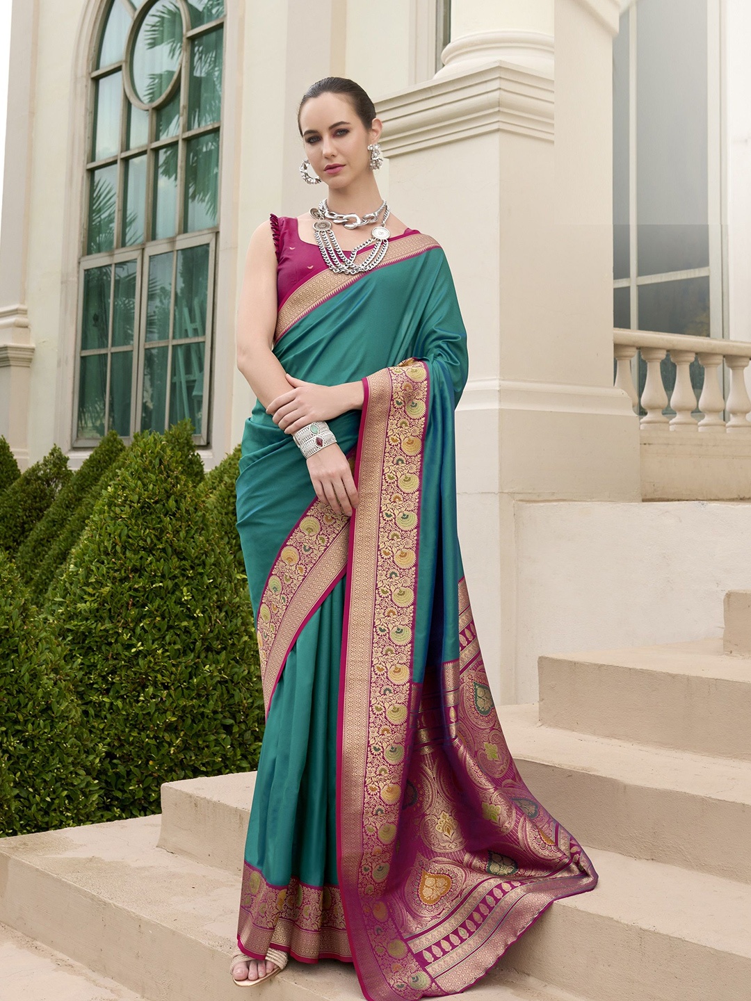 

MAHALASA Ethnic Motifs Woven Design Zari Pure Silk Banarasi Saree, Sea green