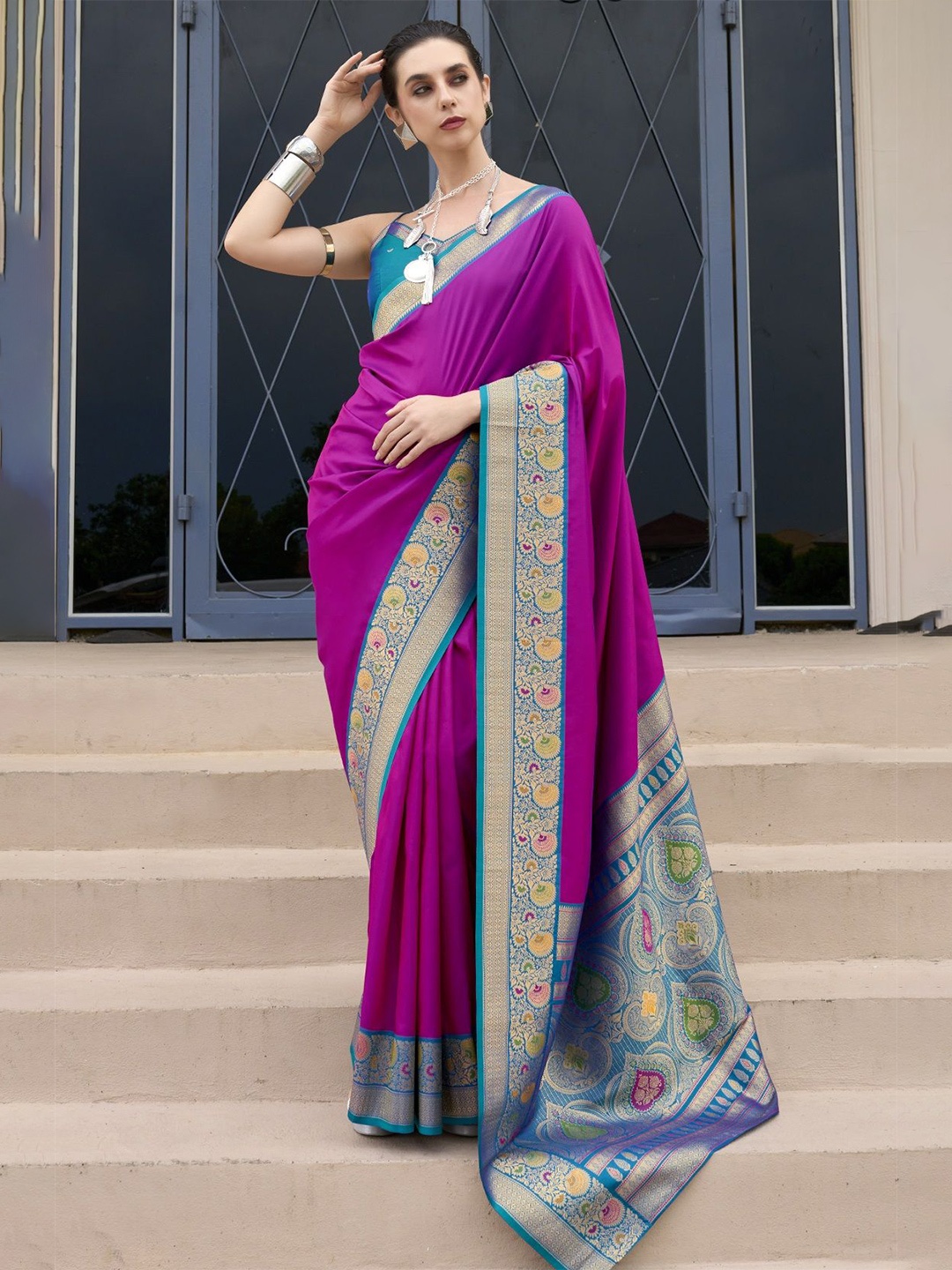 

MAHALASA Woven Design Ethnic Motifs Zari Pure Silk Banarasi Saree, Pink