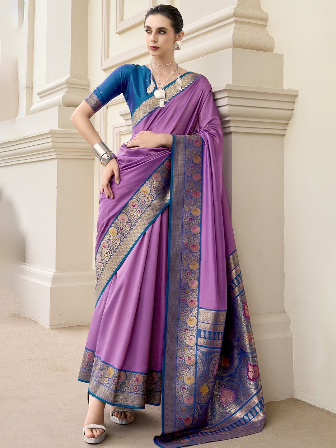 

MAHALASA Woven Design Zari Pure Silk Banarasi Saree, Purple