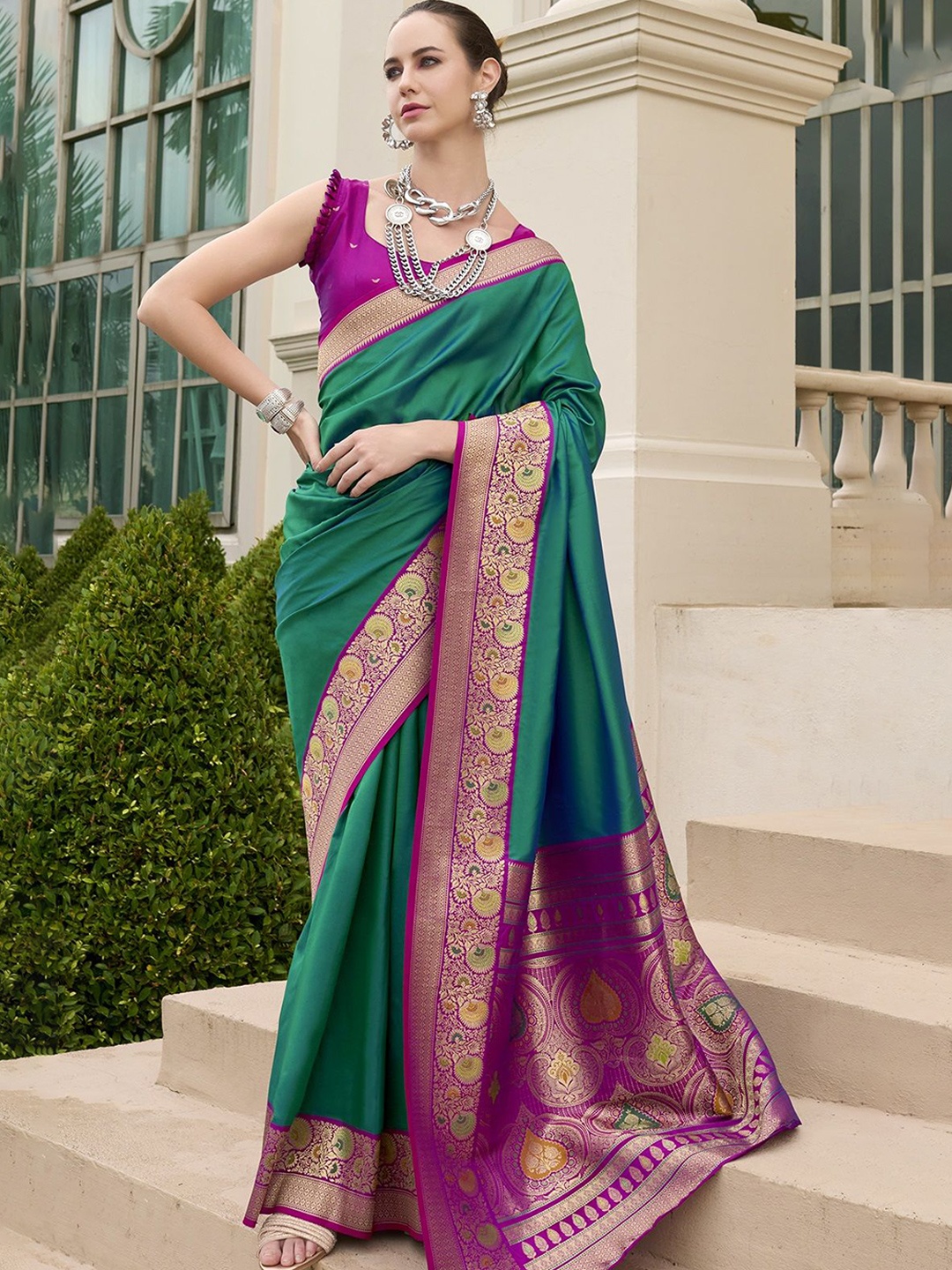 

MAHALASA Ethnic Motifs Zari Pure Silk Banarasi Saree, Green