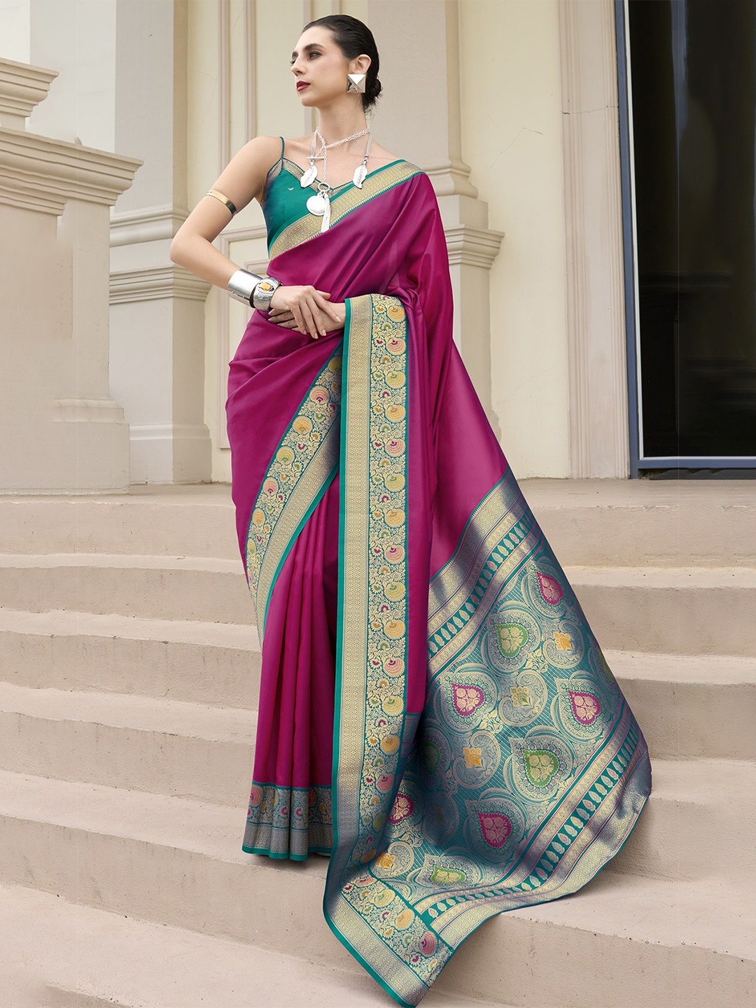 

MAHALASA Woven Design Zari Pure Silk Banarasi Saree, Pink