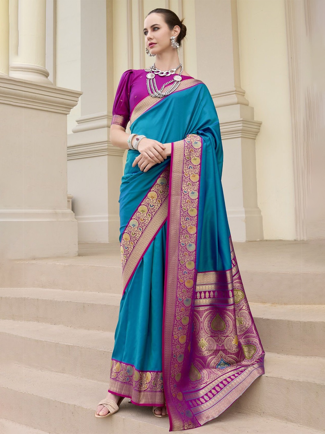 

MAHALASA Woven Design Zari Pure Silk Banarasi Saree, Turquoise blue