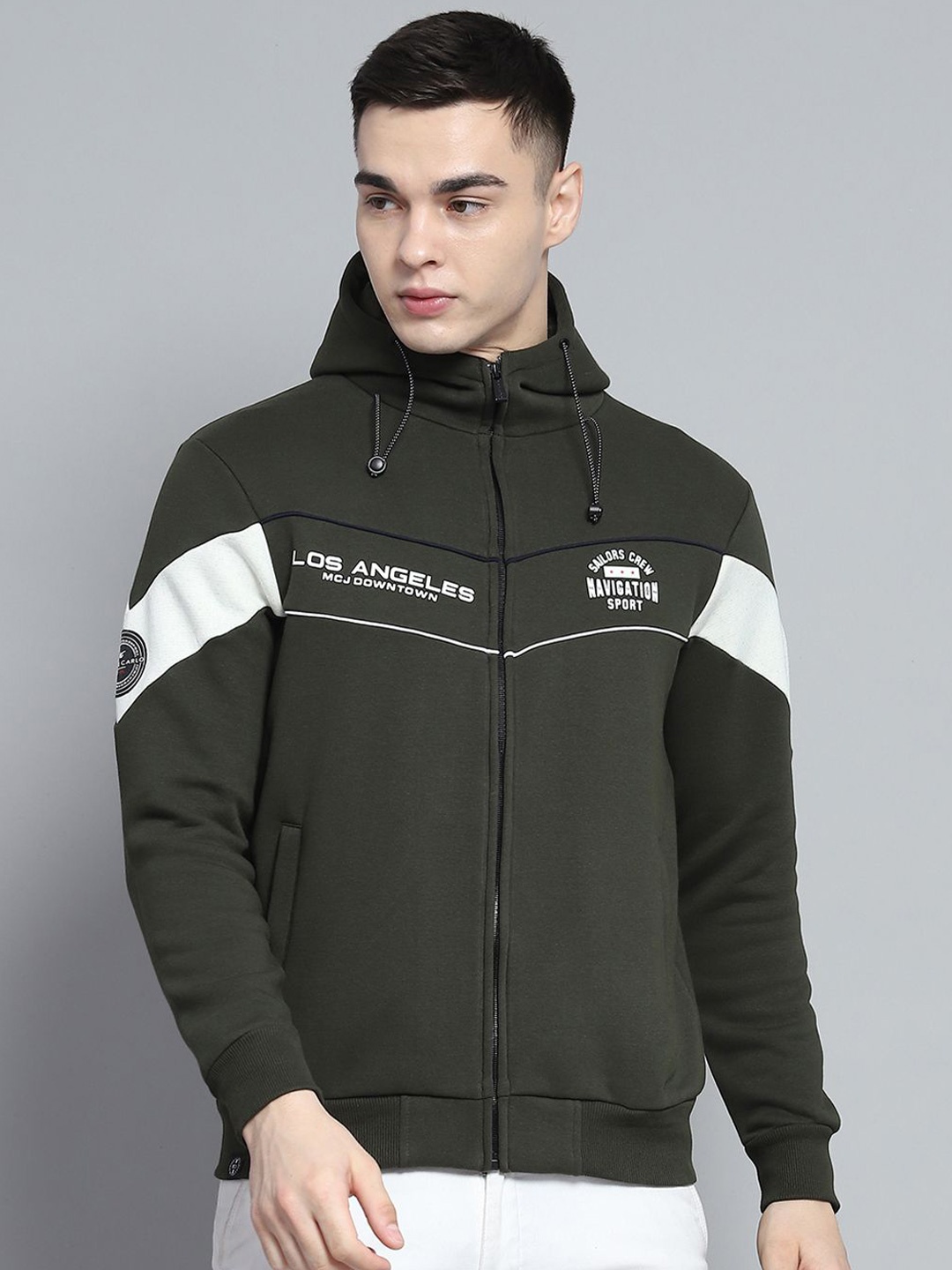 

Monte Carlo Men Printed Hooded Front-Open Sweatshirt, Olive