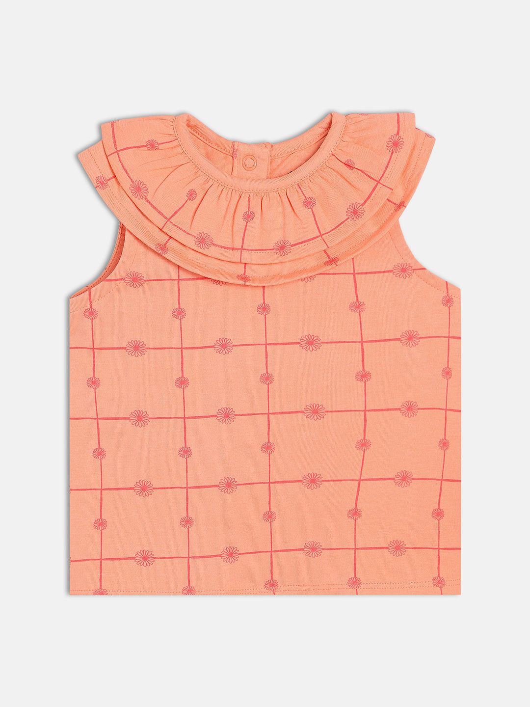 

MINI KLUB Girls Printed Ruffles Sleeveless Cotton Top, Peach