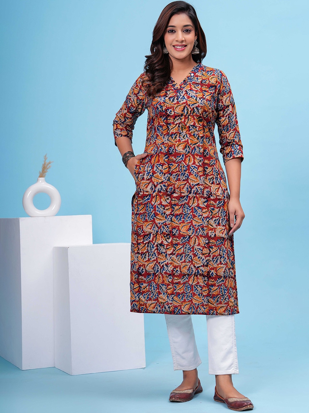 DIZON Floral Printed Cotton Mirror Work Straight Kurta, Maroon