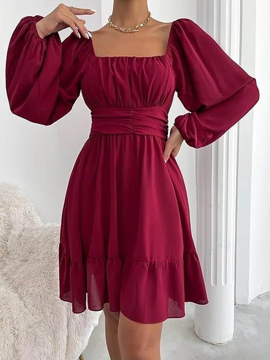 

Shabana Creation Square Neck Fit and Flare Dress, Maroon