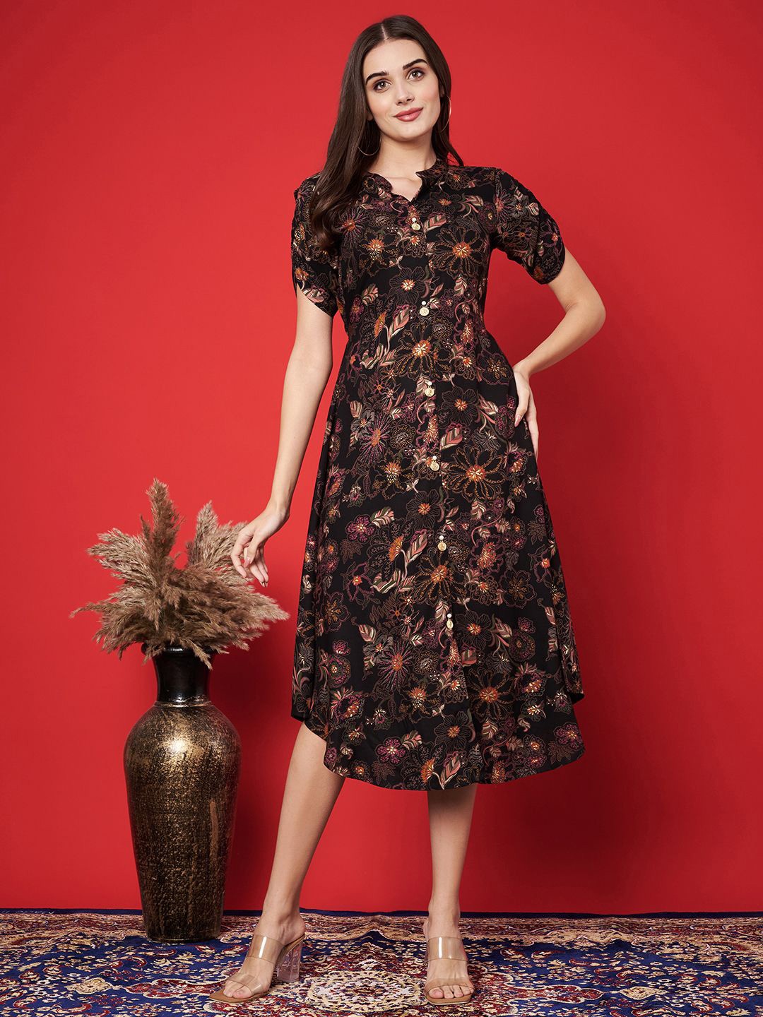 Label Khoj Women Floral Print Formal Fit & Flare Midi Dress, Black