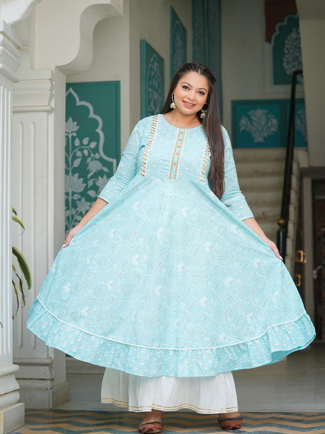 

IKRASS Women Cotton Floral Printed A-Line Midi Dress, Blue