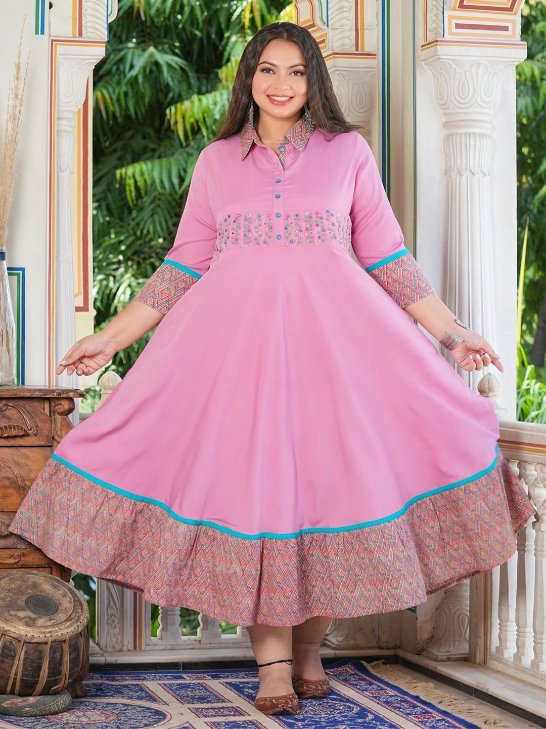 

IKRASS Women Plus Size Embroidered Shirt Collar Maxi Dress, Pink