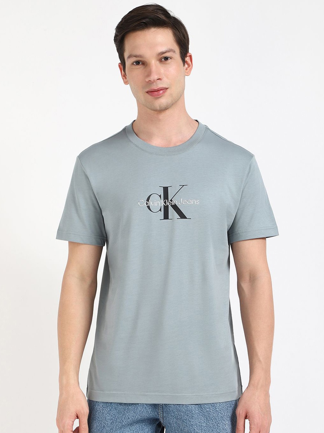 

Calvin Klein Jeans Men Typography Printed Round Neck Cotton T-shirt, Grey