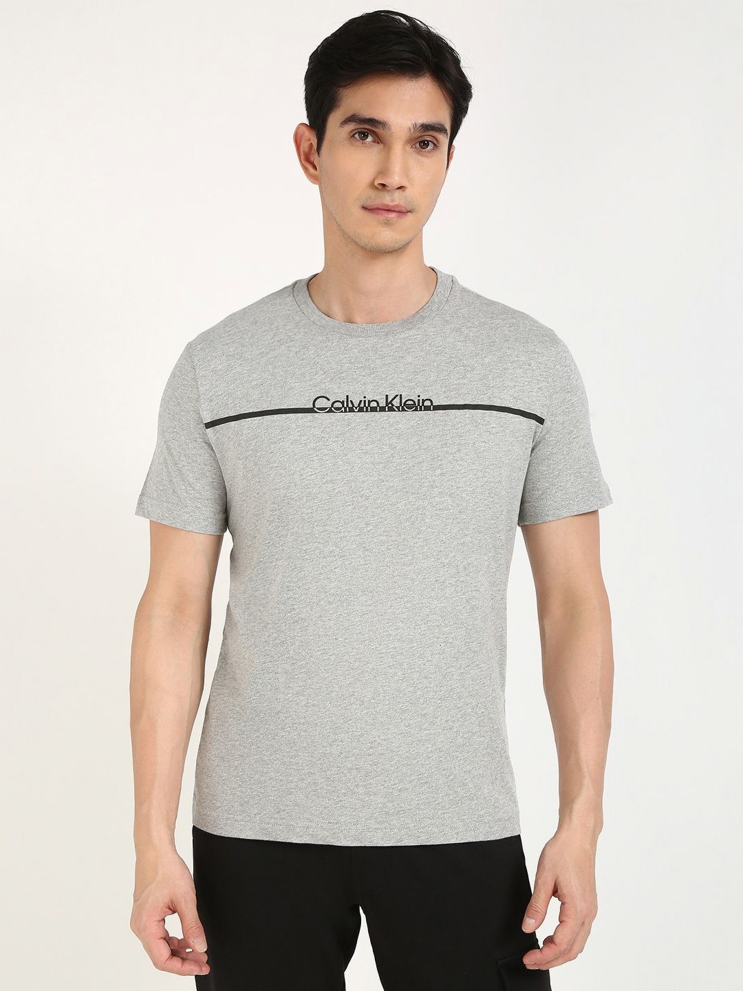 

Calvin Klein Jeans Men Typography Printed Round Neck Cotton T-shirt, Grey