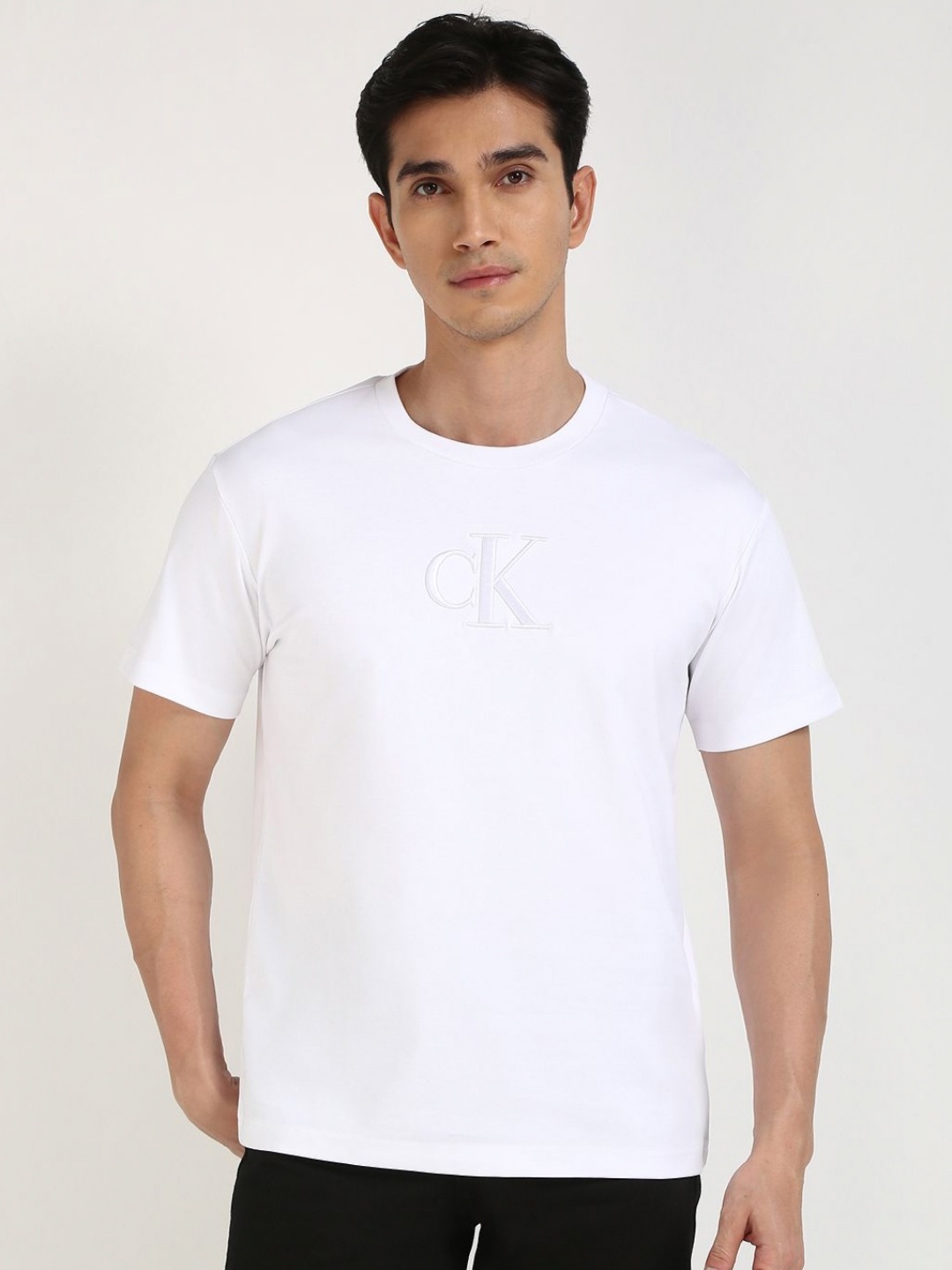 

Calvin Klein Jeans Men Typography Embroidered Round Neck Cotton T-shirt, White
