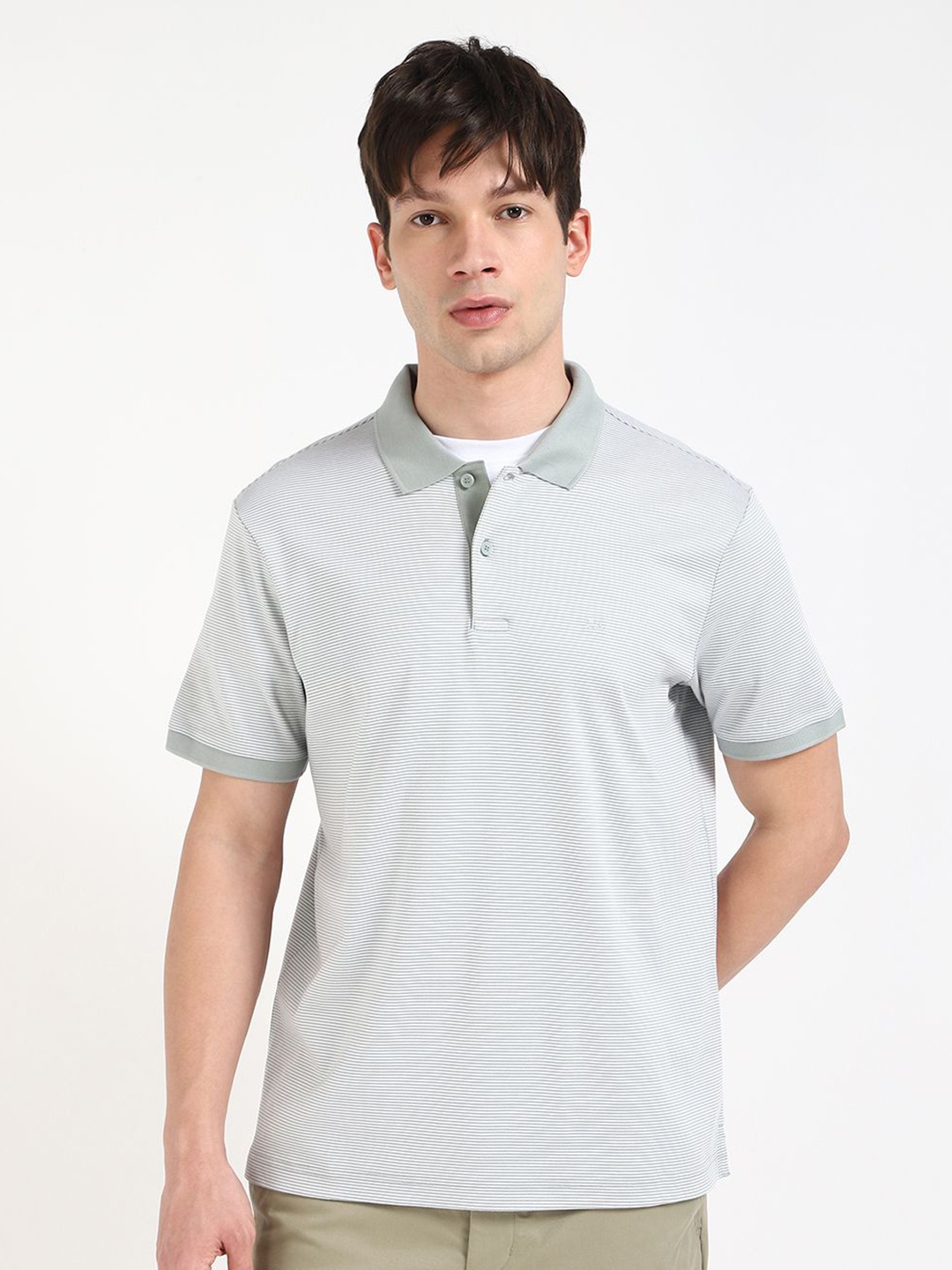 

Calvin Klein Jeans Men Striped Polo Collar Cotton T-shirt, Grey