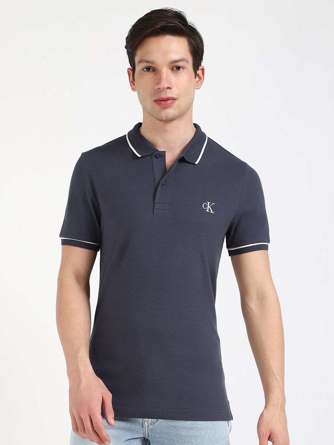 

Calvin Klein Jeans Men TIPPING Solid Polo Collar Cotton T-shirt, Blue