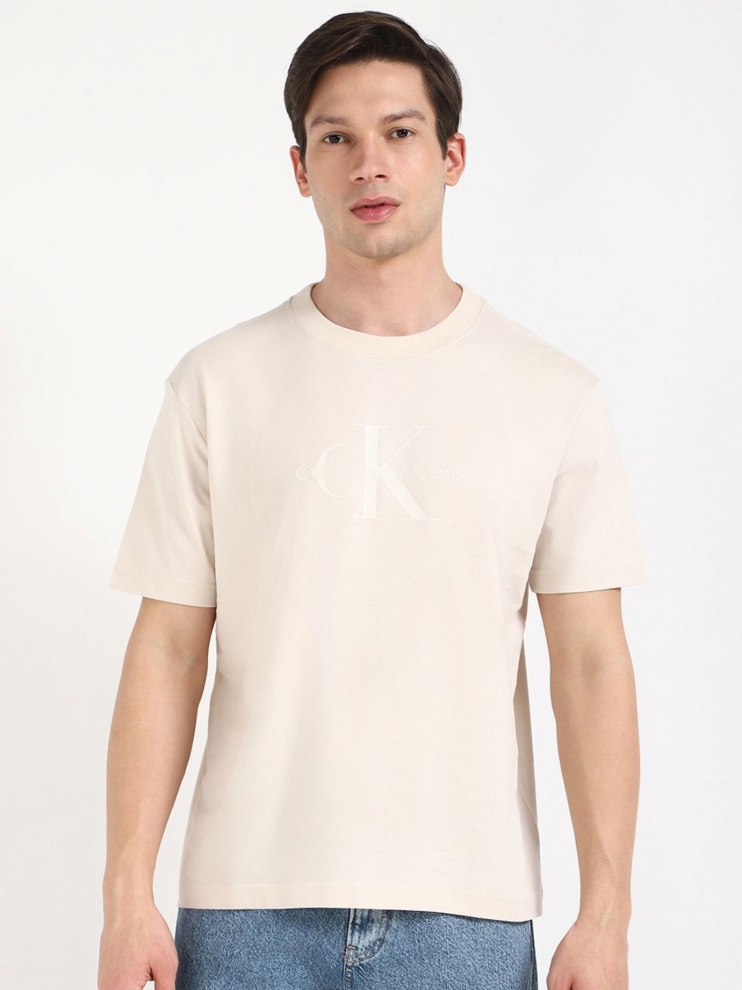 

Calvin Klein Jeans Men Typography Printed Round Neck Cotton T-shirt, White