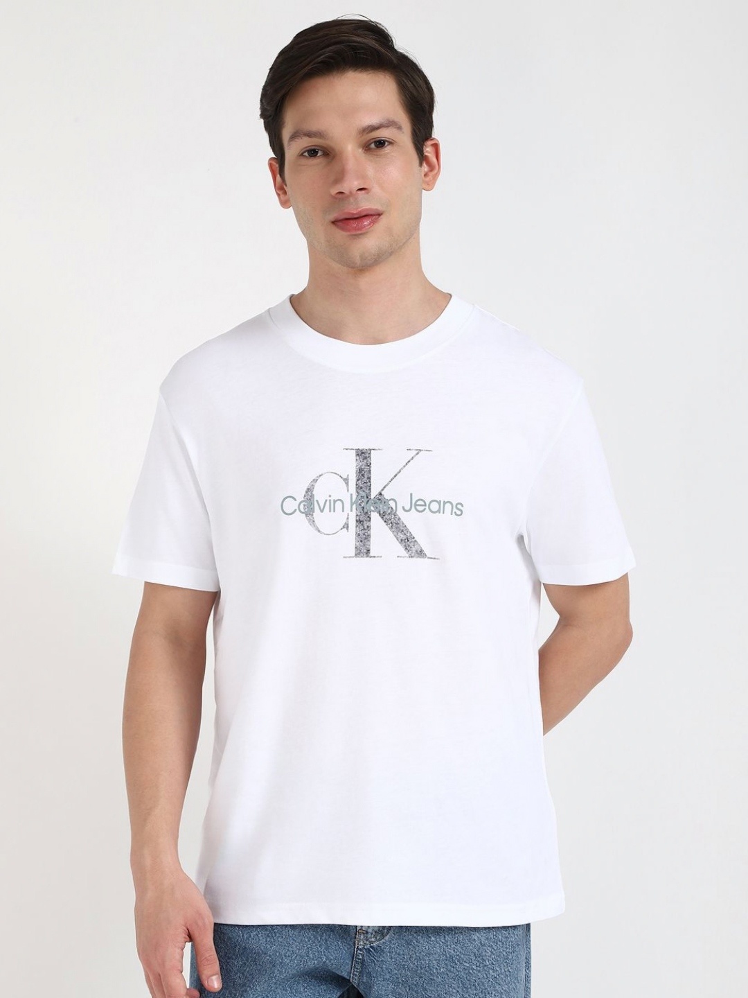 

Calvin Klein Jeans Men Typography Printed Round Neck Cotton Relaxed Fit T-shirt, White