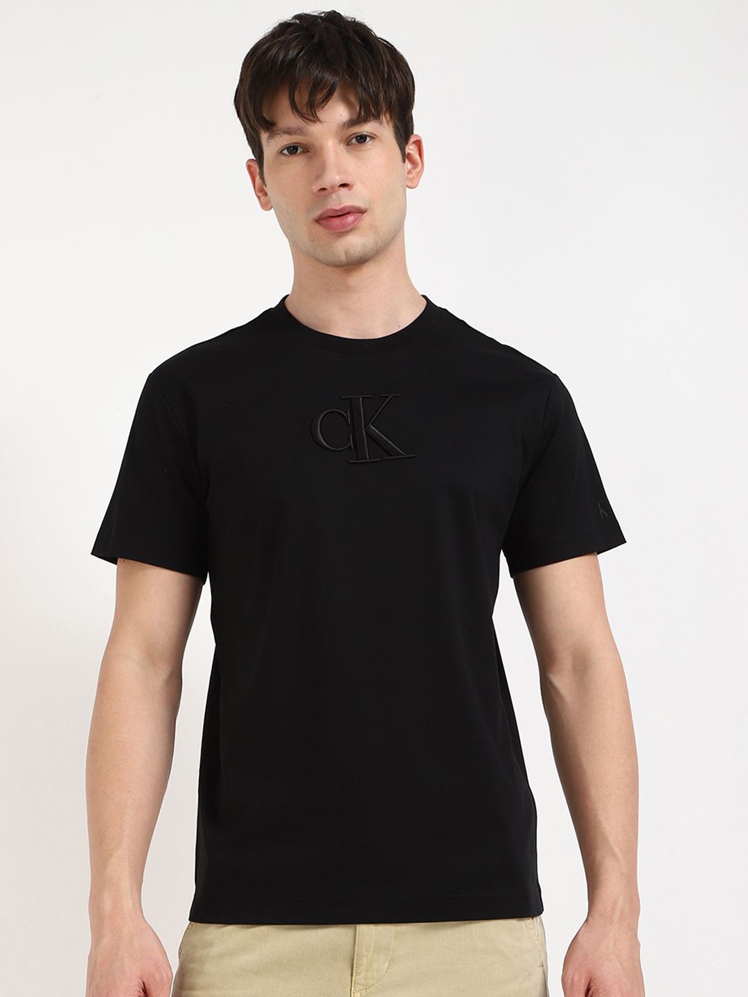 

Calvin Klein Jeans Men Typography Printed Round Neck Cotton T-shirt, Black