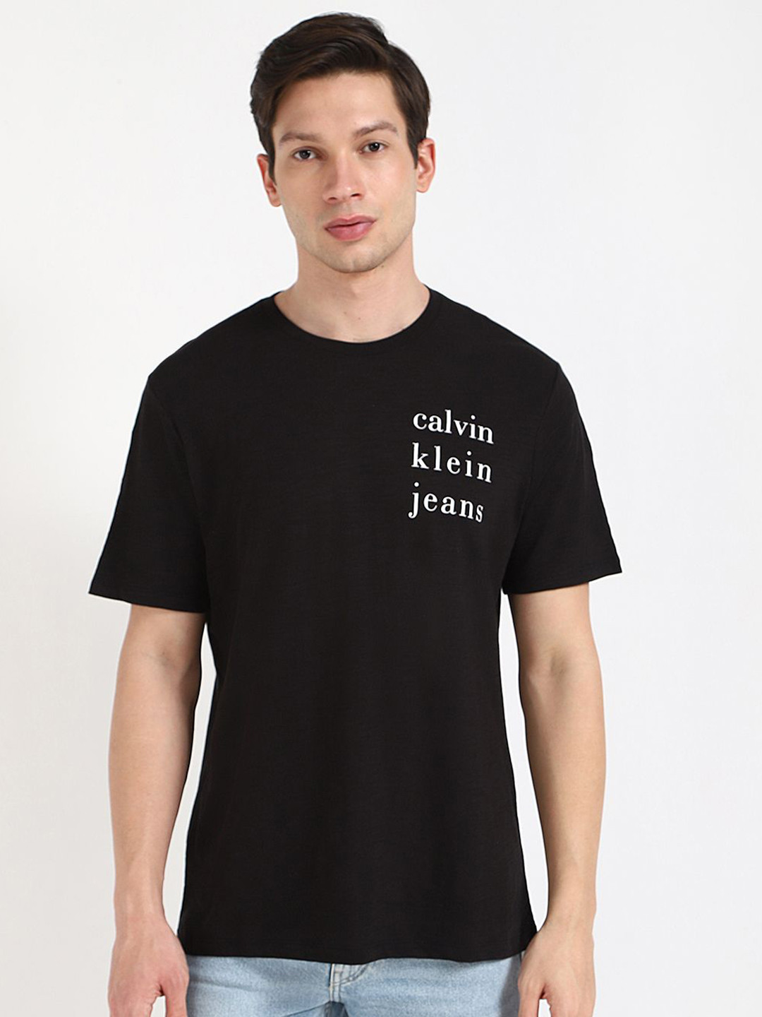 

Calvin Klein Jeans Men Typography Printed Round Neck Cotton T-shirt, Black