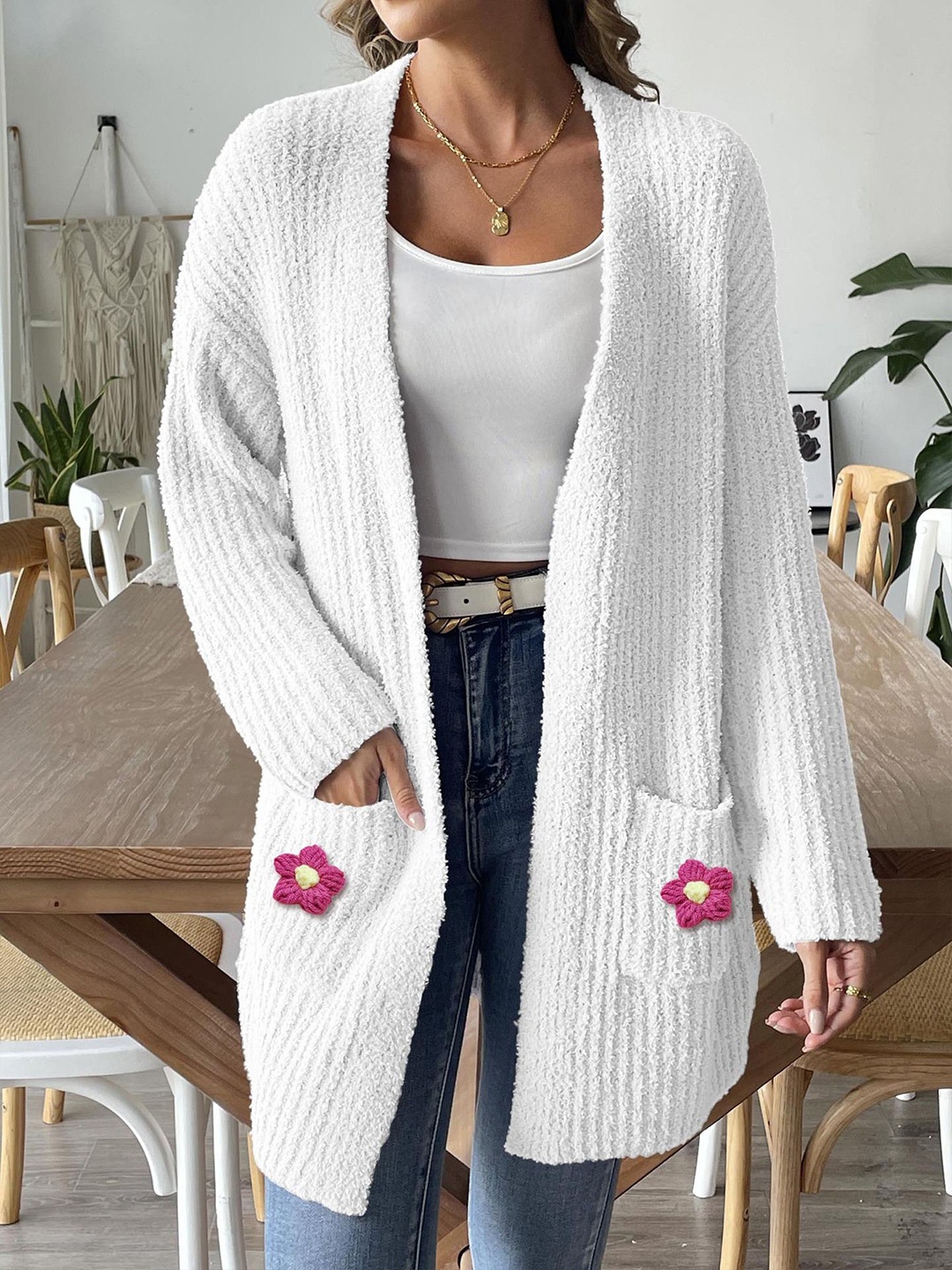 

StyleCast x Revolte Self Design Longline Open Front Shrug, White