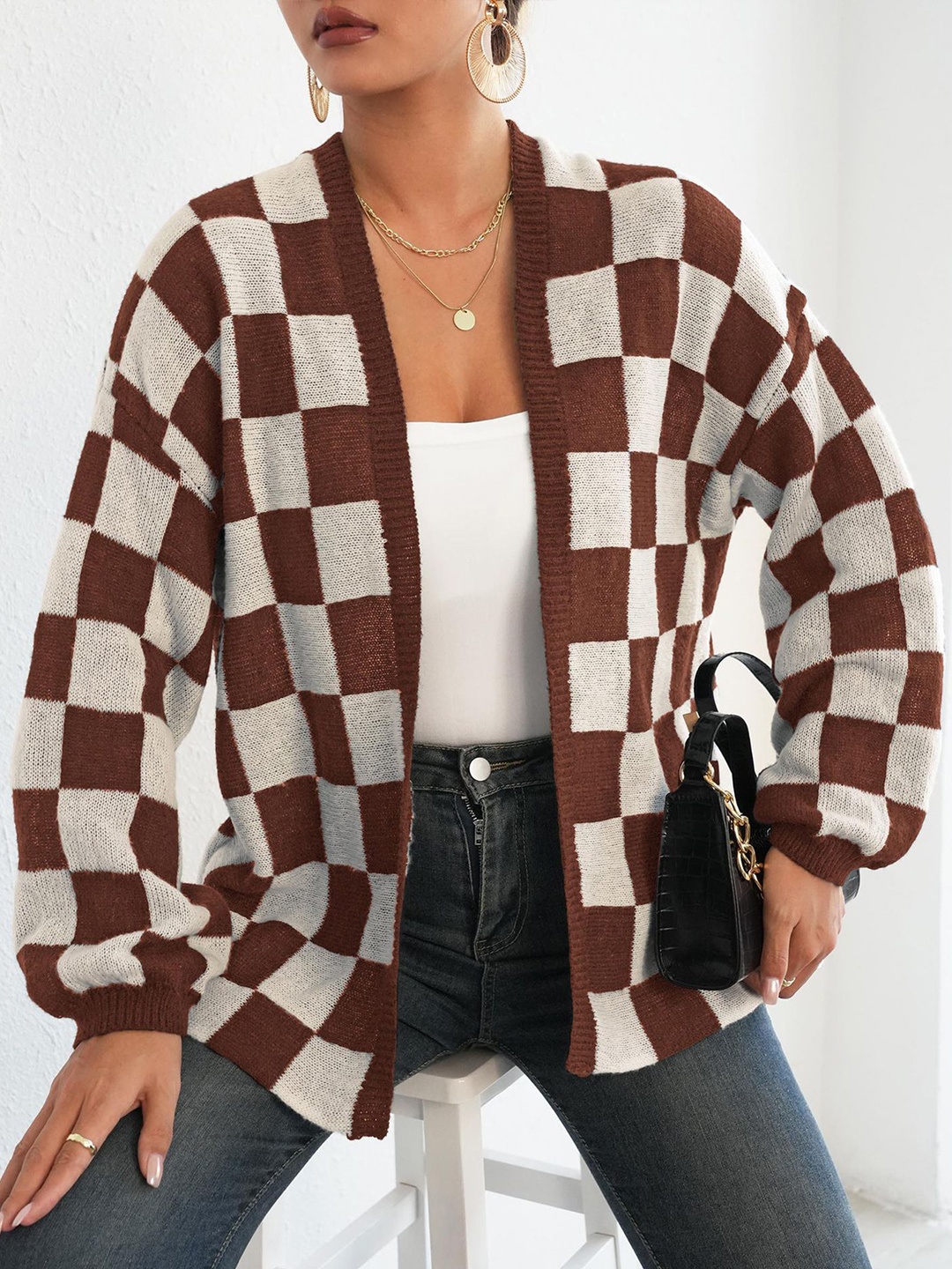 

StyleCast x Revolte Women Checked Shrug, Coffee brown