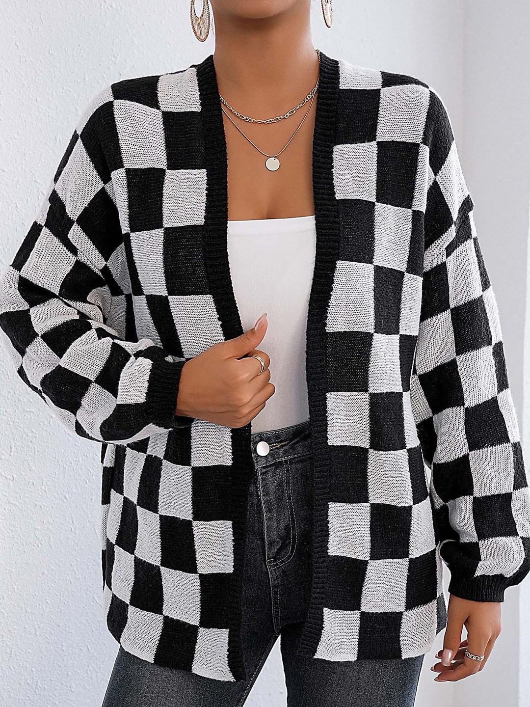 

StyleCast x Revolte Checked Open Front Shrug, Black