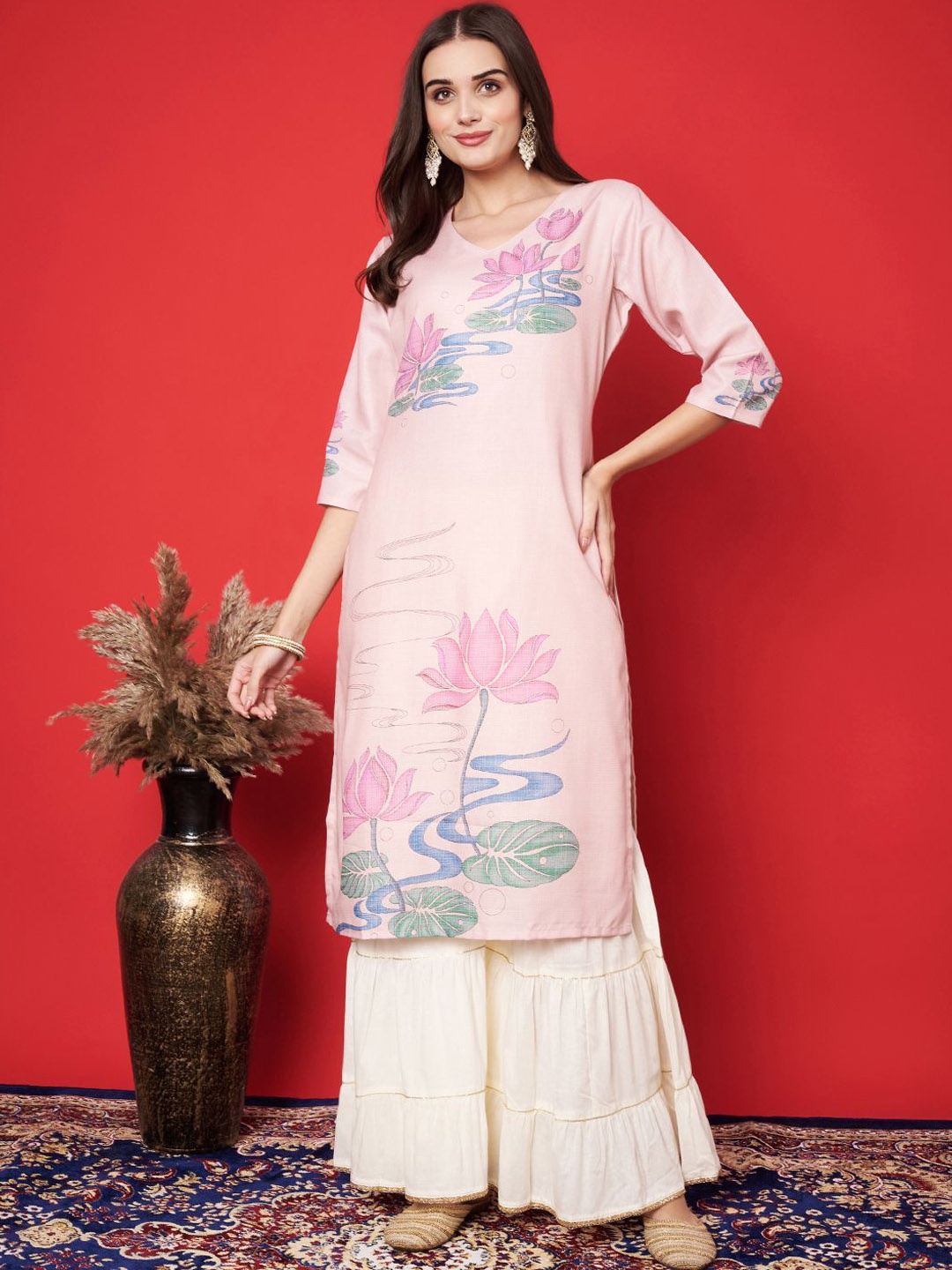 

Label Khoj Floral Printed Straight Kurta, Peach