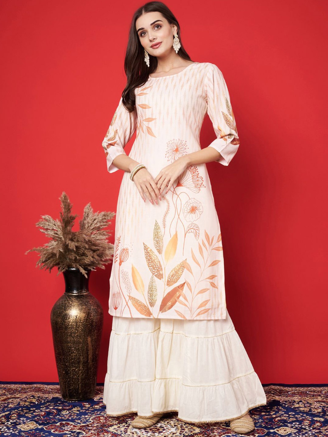 

Label Khoj Floral Printed Pure Cotton Straight Kurta, Cream