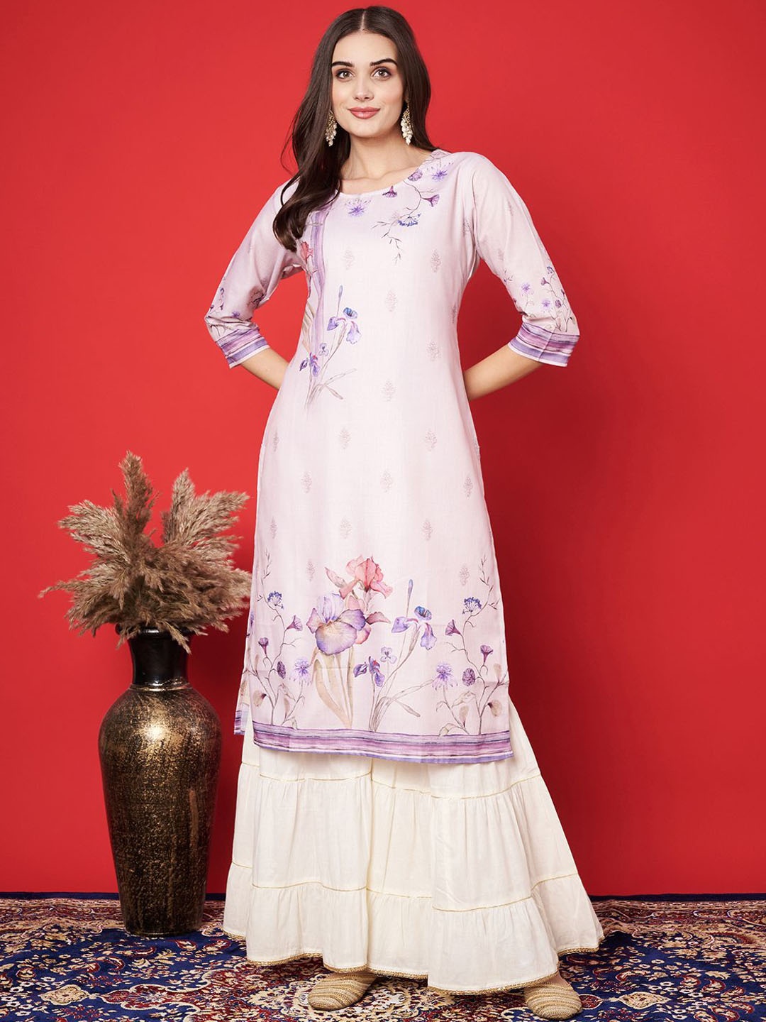 

Label Khoj Floral Printed Pure Cotton Straight Kurta, Cream