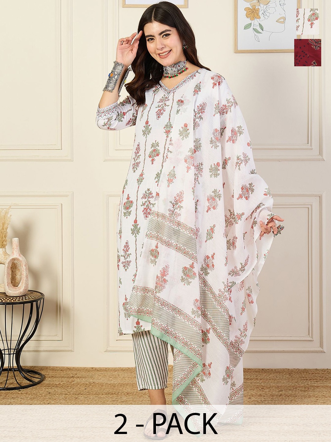 

KALINI Selection of 2 Ethnic Motifs Printed Cotton Straight Kurta with Trousers & Dupatta, White