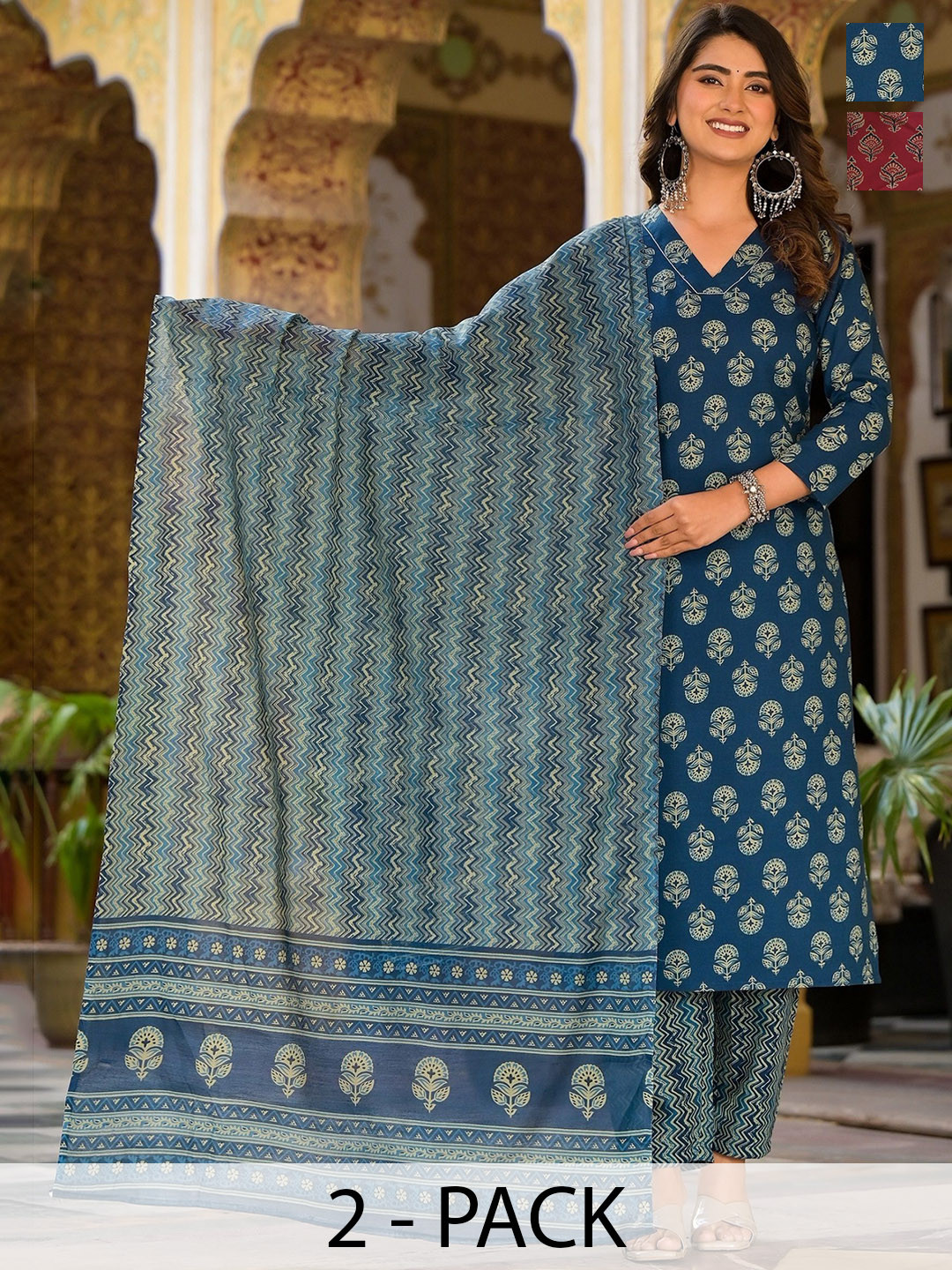 

KALINI Berry Selection Of 2 Floral Printed Straight Kurta With Trousers And Dupatta, Blue