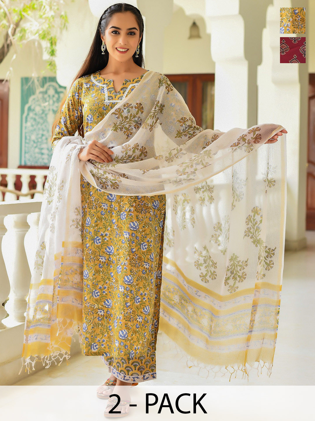

KALINI Selection Of 2 Floral Printed Notch Neck Straight Kurta With Trousers & Dupatta, Olive