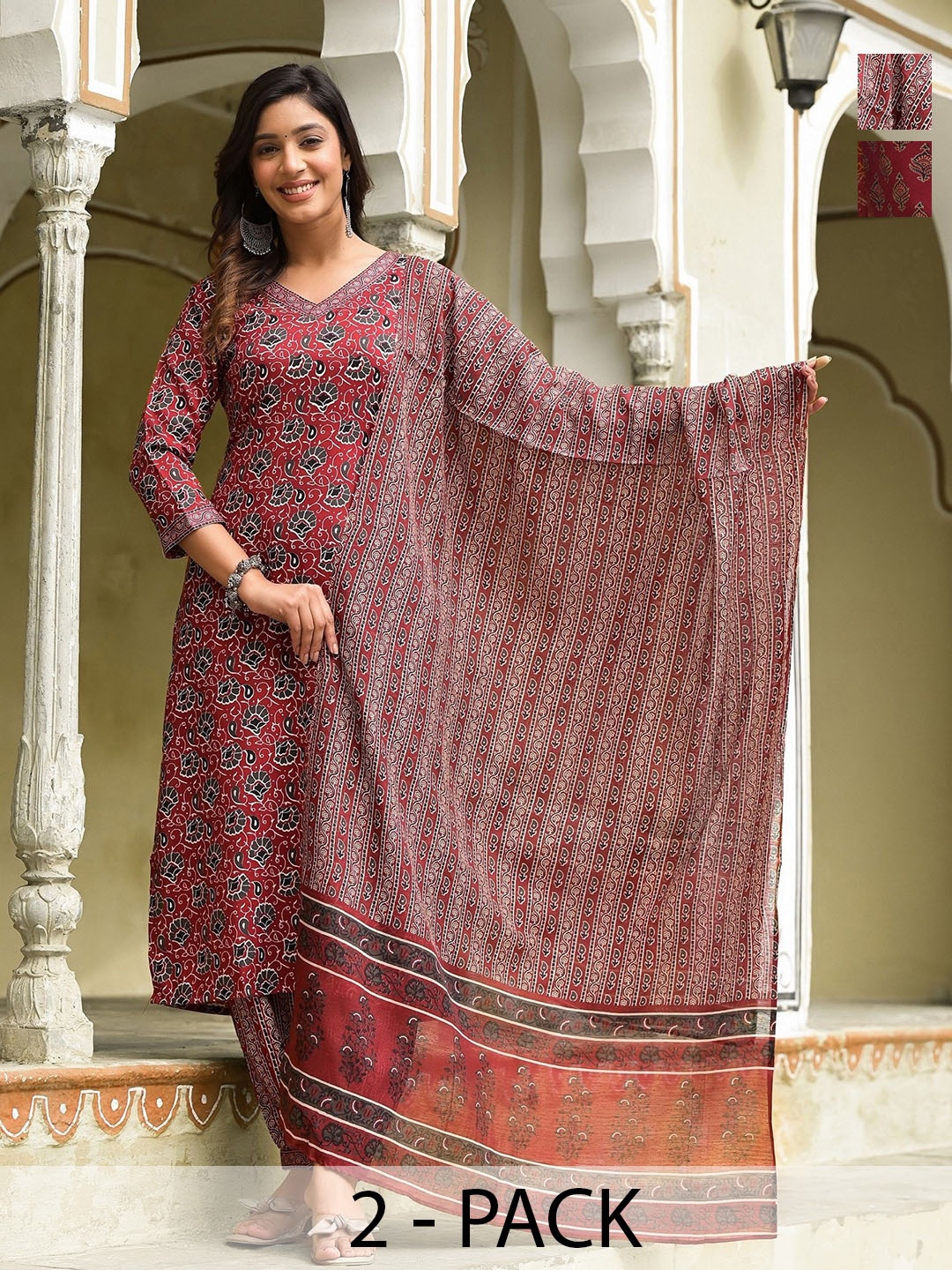 

KALINI Selection Of 2 Floral Printed V-Neck Straight Kurta With Trousers & Dupatta, Maroon