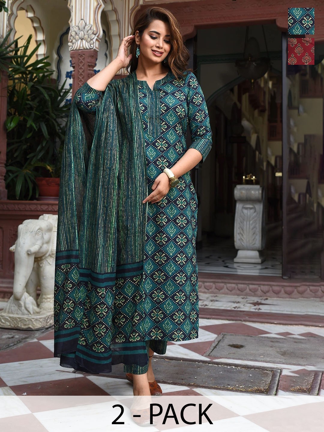 

KALINI Selection Of 2 Floral Printed Straight Kurta With Trousers & Dupatta, Red