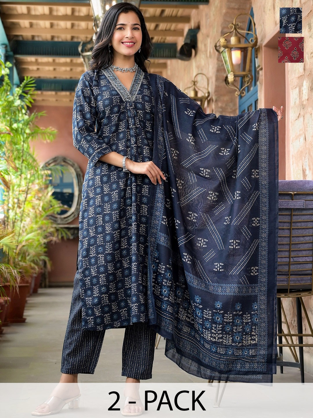 

KALINI Selection Of 2 Floral Printed V-Neck Mirror Work Kurta With Trousers & Dupatta, Blue