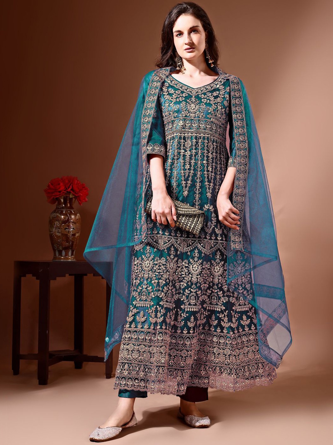 

Ahalyaa Floral Embroidered Zardozi Semi-Stitched Dress Material, Blue