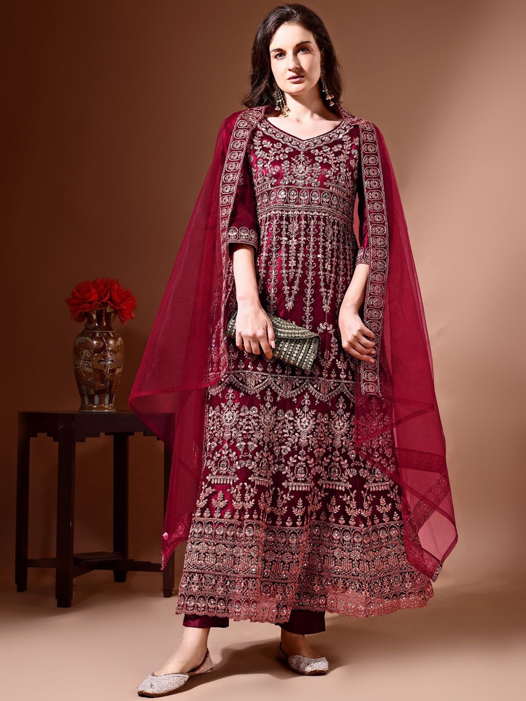 

Ahalyaa Floral Embroidered Zardozi Semi-Stitched Dress Material, Red