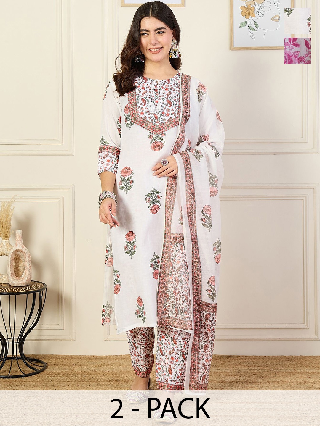 

KALINI Selection Of 2 Floral Printed V-Neck Straight Kurta With Trousers & Dupatta, White